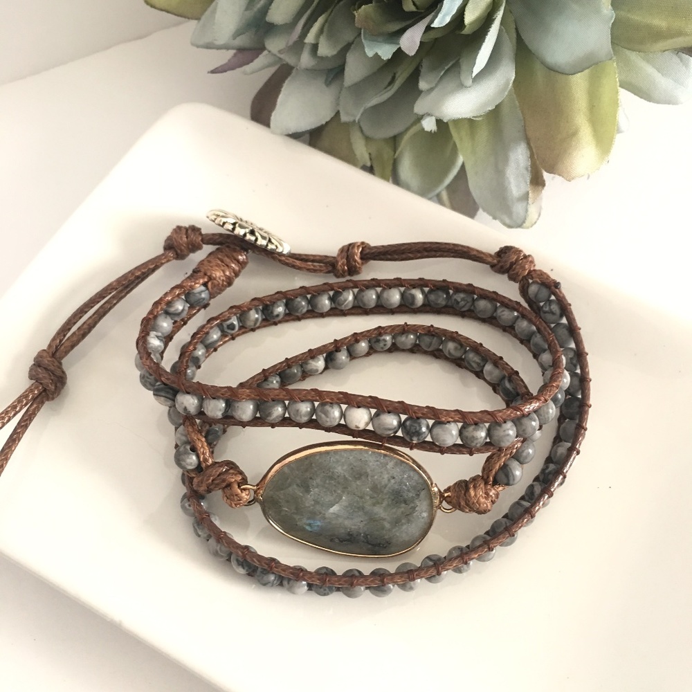 Gray Bohemian Stone Bead Wrap Bracelet NWT